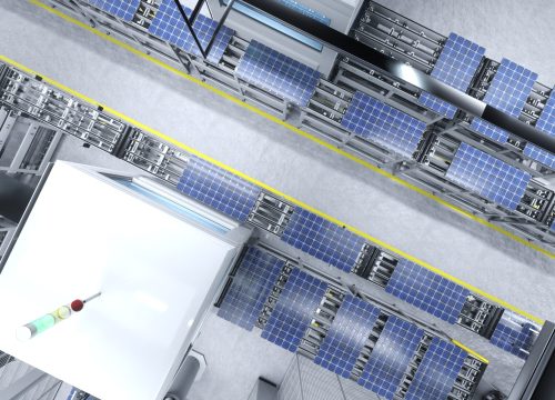 Top down view of solar panels on production lines operated by high tech robot arms in cutting edge sustainable factory, 3D render. Aerial shot of photovoltaics in eco friendly warehouse