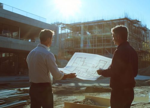 Architect and a construction manager reviewing architectural plans at a building site, transition from design to reality