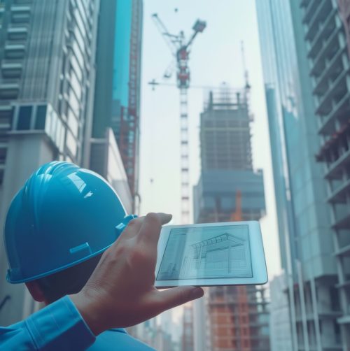 A worker in a hardhat uses a tablet to review a building blueprint against a backdrop of skyscrapers and a construction crane.
