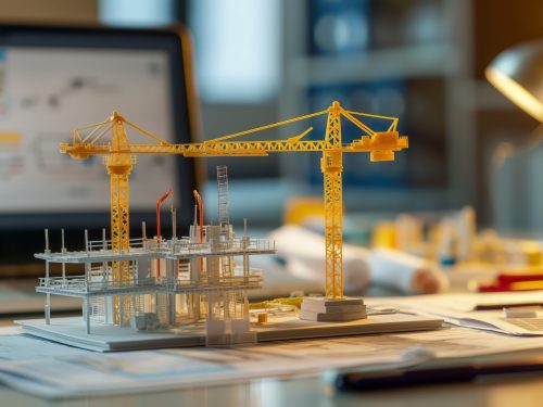 A detailed architectural model of a building under construction on a designer's desk, surrounded by blueprints, tools, and a lit desk lamp, showcasing the design process.