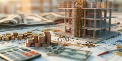 Budget Allocation Overview: Generate a photo realistic image of a construction project displaying a budget allocation overview with detailed cost breakdowns and financial planning tools; ensure the image is of high resolution for clear and detailed quality, with proper subject placement and clear edges, avoiding any maquette style elements. stock photo