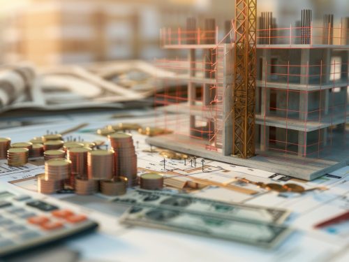 Budget Allocation Overview: Generate a photo realistic image of a construction project displaying a budget allocation overview with detailed cost breakdowns and financial planning tools; ensure the image is of high resolution for clear and detailed quality, with proper subject placement and clear edges, avoiding any maquette style elements. stock photo