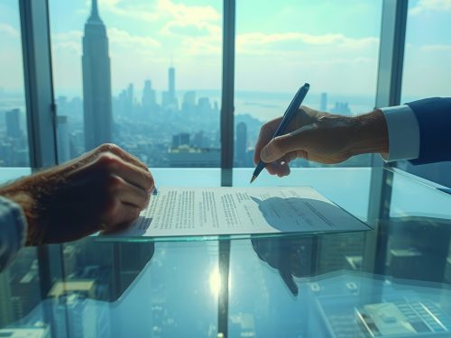 Businessman signing a contract with a view of the city.