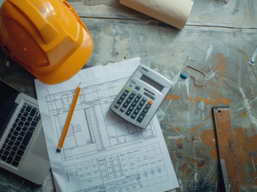 Calculator and blueprints near helmet and laptop, with empty blank space for text or copy space or mockup design, high detail, 8k --ar 3:2 --v 6 Job ID: e9b29521-1052-4b49-8ebe-67edce8927bf