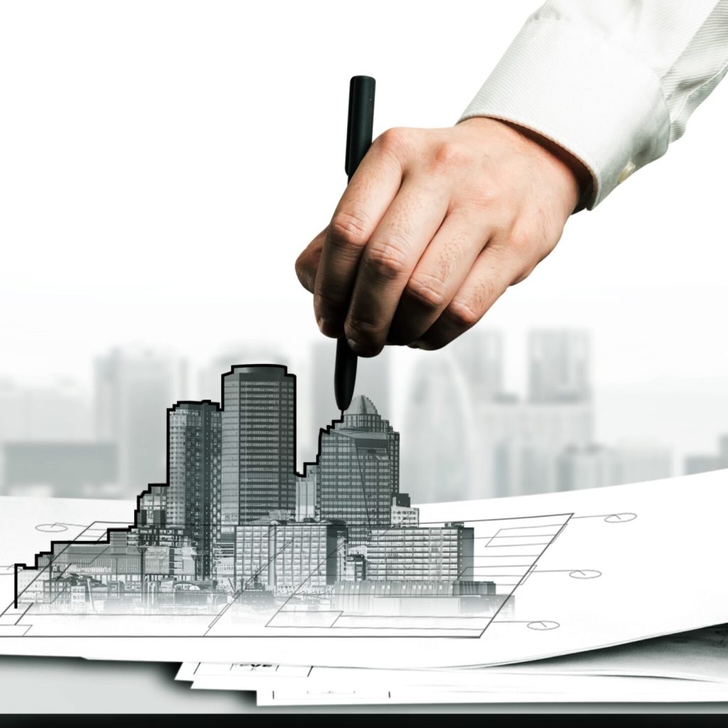 City civil planning and real estate development - Architect people looking at abstract city sketch drawing to design creative future city building. Architecture dream and ambition concept.