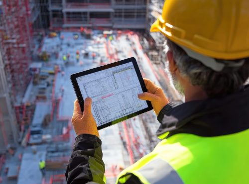A construction worker is intently looking at a tablet while standing at a busy construction site where building activities are ongoing