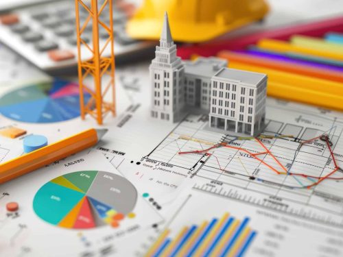 Cost Management Charts: Generate a photo realistic image of a construction project displaying cost management charts and financial tracking tools; ensure the image is of high resolution for clear and detailed quality, with proper subject placement and clear edges, avoiding any maquette style elements.