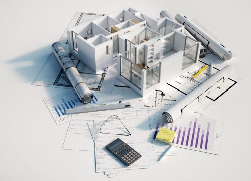 3D rendering of Cross section of an apartment on top of a table with mortgage application form, calculator, blueprints, etc..