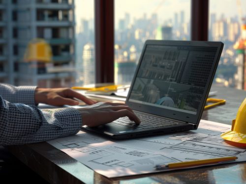 Engineer using a laptop with blueprints and a yellow hardhat on the desk in a high-rise office.