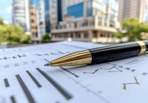 Financial growth concept: bar graph, rising trend, stock market success, business document, project management chart, ERP module, commercial building, cityscape, economic progress
