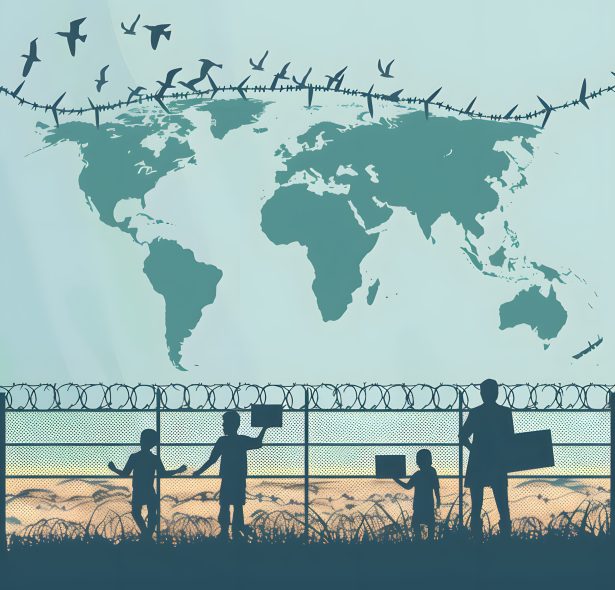 Flat illustration of Refuge people standing at the international border