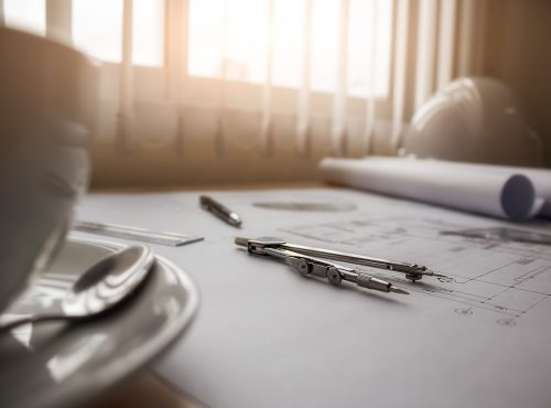 Image of engineering objects on workplace top view.Construction concept. Engineering tools.Vintage tone retro filter effect,soft focus(selective focus)