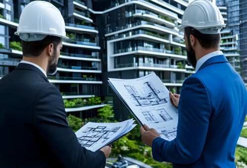 Modern Condominium Development with Engineers Reviewing Construction Blueprints for Residential Building Project