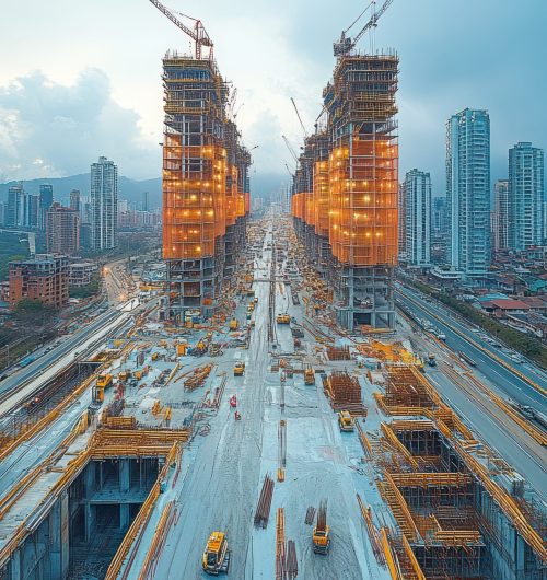 A panoramic view of a city skyline featuring multiple construction projects, including roads and bridges, demonstrating the growth and development of urban infrastructure --ar 3:2 --stylize 750 --v 6.1 Job ID: 29203965-4f67-46fc-9482-7bc31b457196