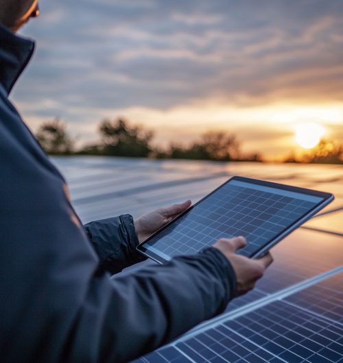 person-checking-performance-solar-energy-system-with-tablet