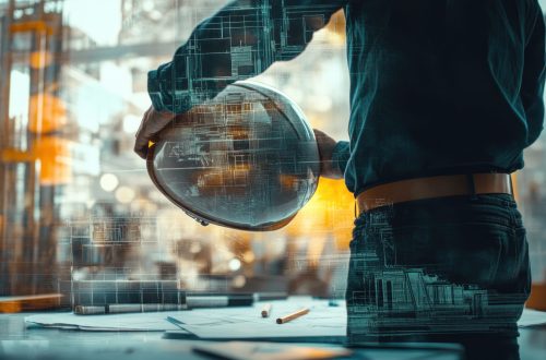 Person holding a transparent helmet with digital overlays
