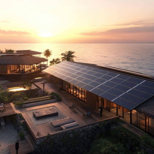Photovoltaic panels on a hotel roof, harnessing solar energy on an island.