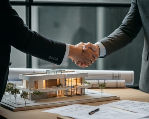Real Estate Agreement Handshake With House Model And Documents