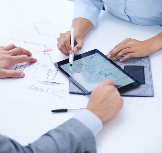 Tablet, blueprint screen or hands of people in meeting for planning or engineering project. Architecture strategy, teamwork or designers speaking of digital app, development or floor plan closeup.