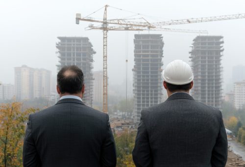 Visionary leader: double exposure of businessmen, architects, strategic investment, innovative construction, economic growth, fusion of business acumen with development, driving success